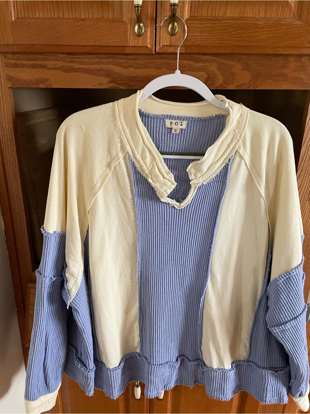 POL Two-Tone Cream and Light Blue Crewneck Sweater